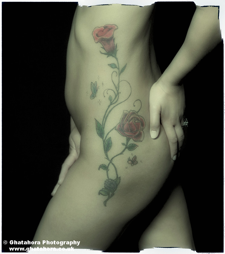KAT9775 
 Close-up of roses and butterflies on waist and thigh. Romantic Tattoos by Bhupinder Ghatahora 
 Keywords: Close-up of roses and butterflies on waist and thigh. artisc, glamour, portraits, tattoo, tribal, tattoos, stars, devil, butterfly, cherry, flowers, fashion, models, female, male, ink, colour, body art, flower, nude, bhupinder ghatahora, romantic tattoos